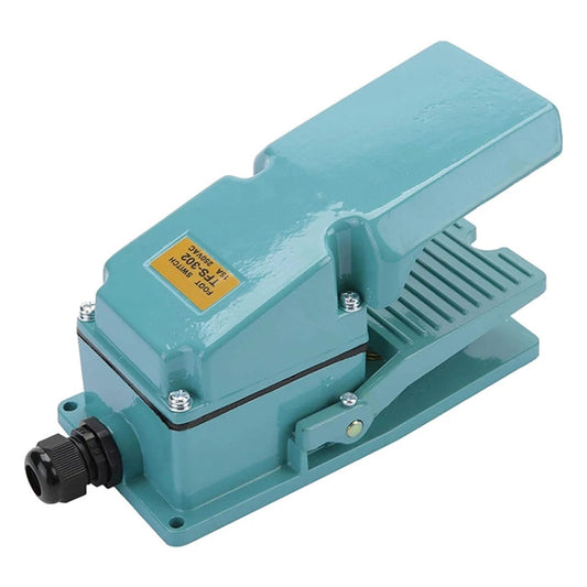 Teal anti-slip metal foot control pedal switch with textured base and cable connector