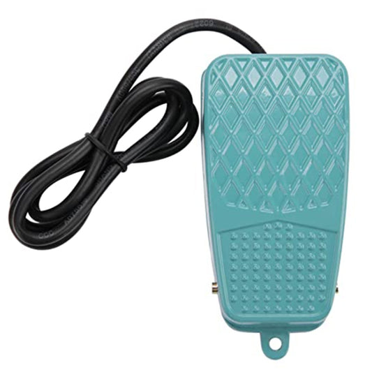 Anti-slip foot pedal switch with black cable, turquoise metal case, ridged tread surface