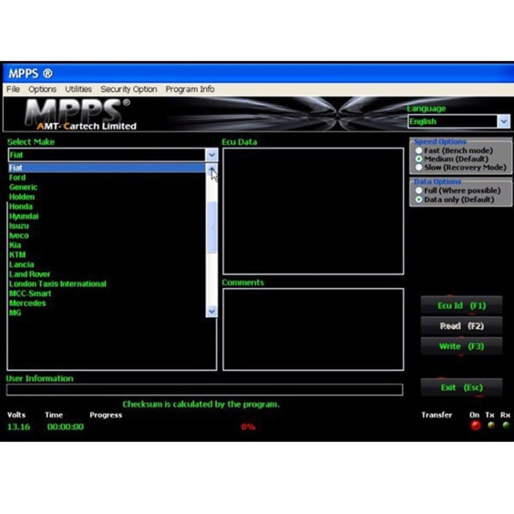 ECU chip tuning diagnostic tool software interface screen with vehicle selection menu