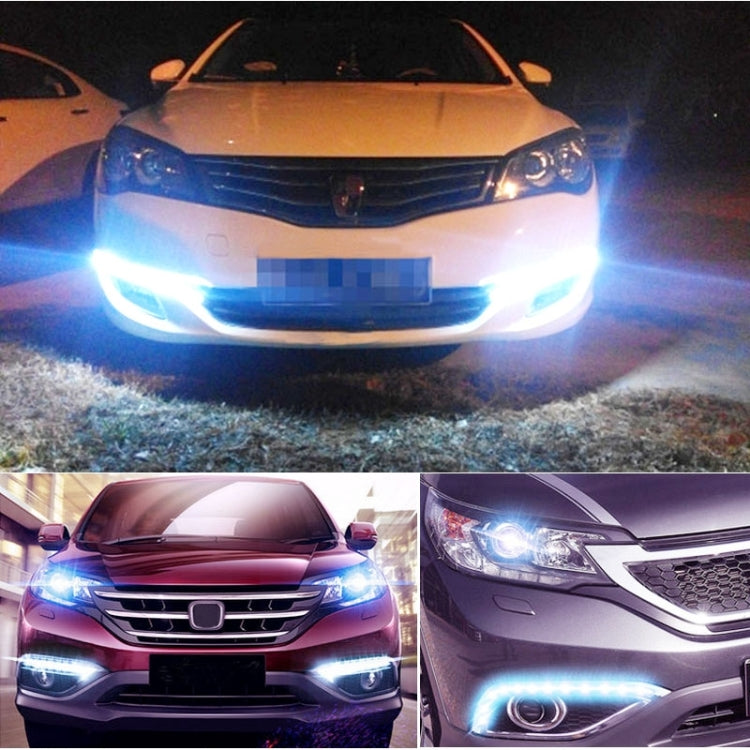 Car front with installed LED daytime running lights glowing blue-white in three views