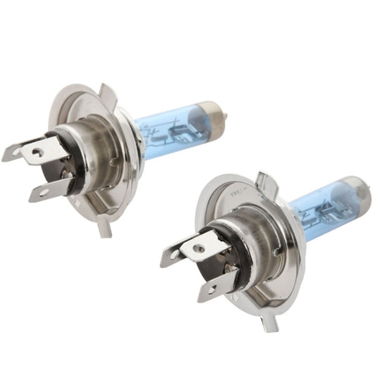 Two H4 halogen headlight bulbs, silver mounts with blue glass tubes, front close-up