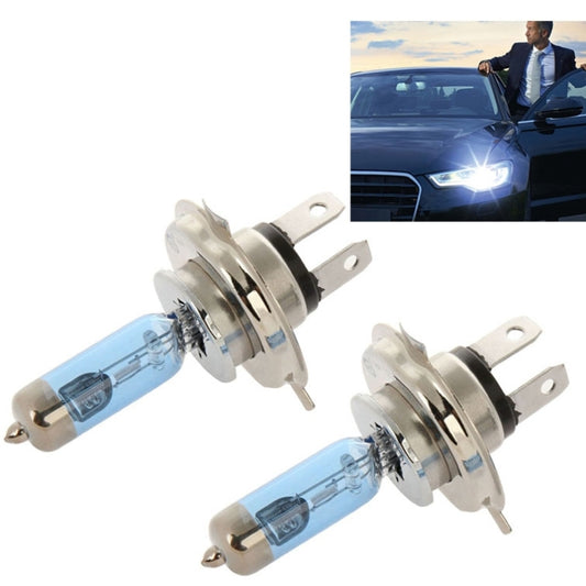 Pair of H4 halogen headlight bulbs with silver bases and blue-tinted glass envelopes
