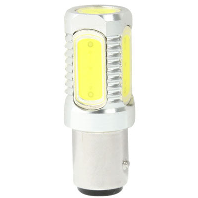 LED brake light bulb with two white COB LED panels, silver cap housing and black base