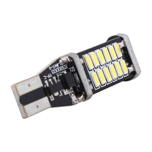 T15 LED backup bulb viewed from side, showing white LED arrays and metal pins.