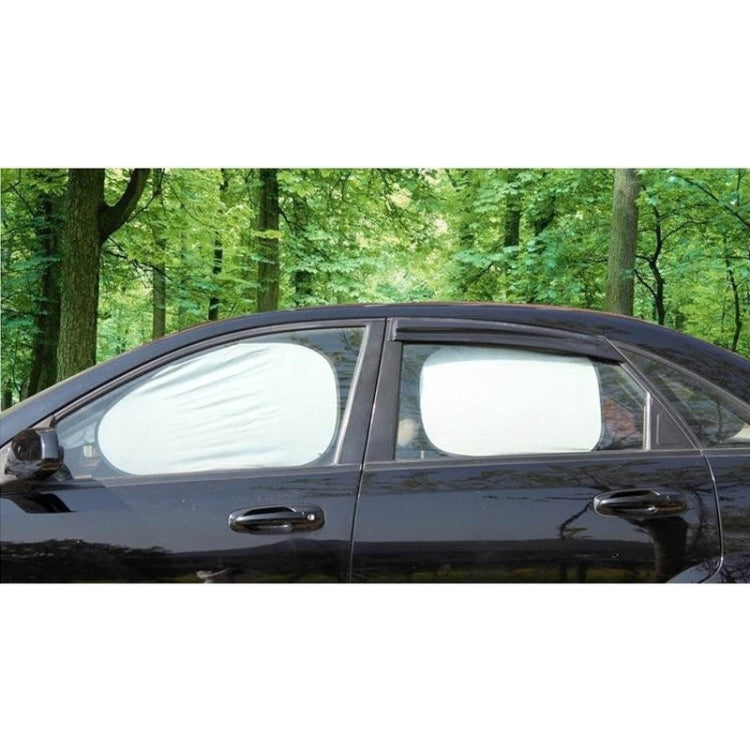 Installed car side window sun shades with silver coated oval panels on doors