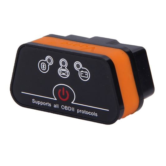Orange and black OBDII Bluetooth car scanner front panel with protocol and power icons