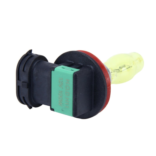 H11 halogen headlight bulb with yellow glass, black housing, and teal label on base