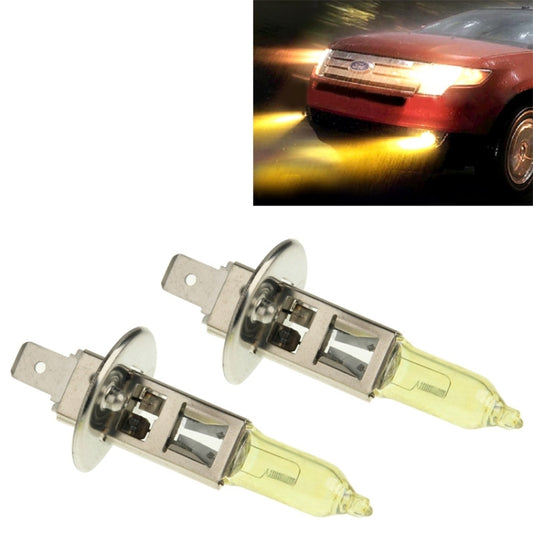 Pair of H1 halogen headlight bulbs with clear yellow glass and metal base