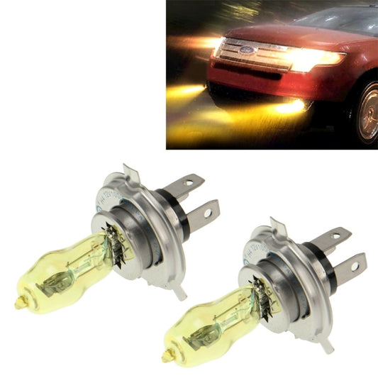 H4 halogen headlight bulb pair with yellow glass and two metal mounting pins