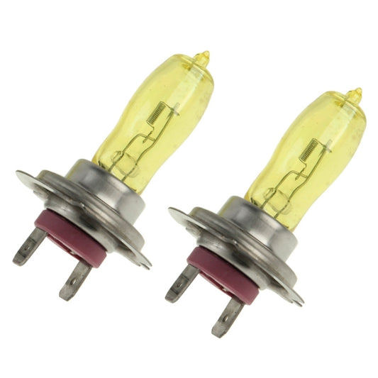 Two yellow halogen H7 bulbs showing glass envelope and metal mounting base