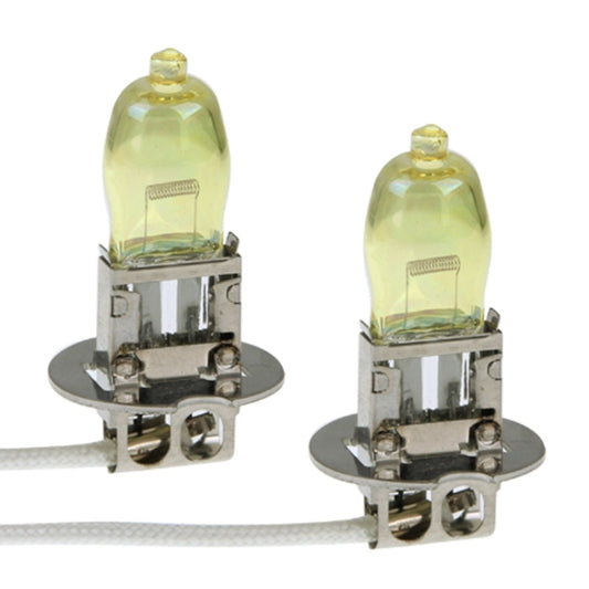 Pair of H3 halogen headlight bulbs with metal socket bases and yellow-tinted glass