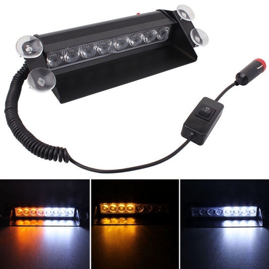 8W 800LM 8-LED 3-Modes Adjustable Angle Car Strobe Flash Dash Emergency Light Warning Lamp with Suckers, DC 12V, White + Yellow