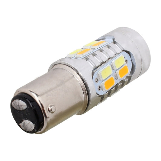 Chrome 1157 LED bulb end view showing LED board and black circular socket opening