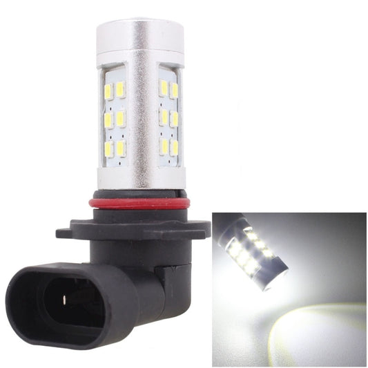 9005 LED car bulb, white light SMD chips on white metal body; black socket with red ring