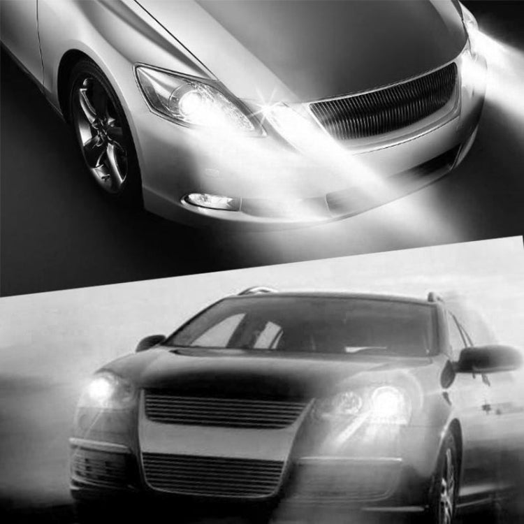 Car front lighting powered by an LED bulb, bright white headlight beam across grille