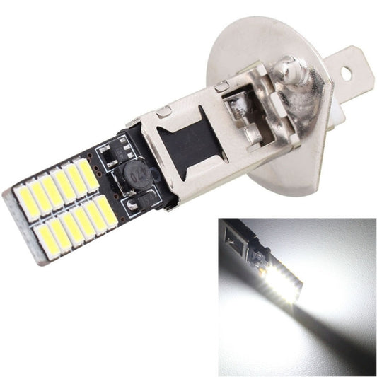 H1 LED headlight bulb with metal base and circuit board, emitting bright cool white light
