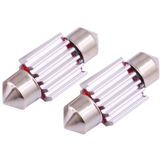 Pair of 31mm LED license plate bulbs with exposed white LED strips and metal bases