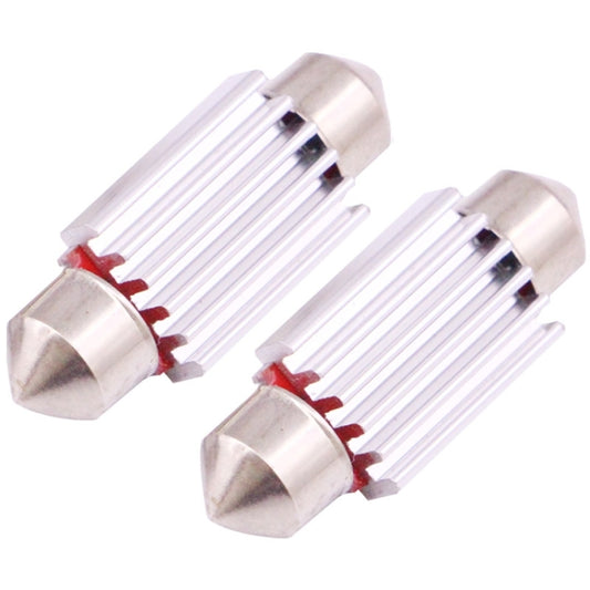 Close-up of 39mm LED license plate bulbs with silver metal housings and red LED boards