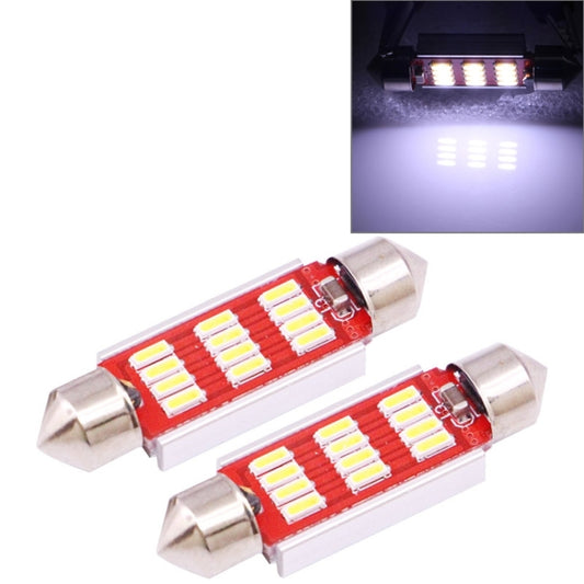 Pair of 41mm white LED license plate bulbs with red circuit board and metal bases