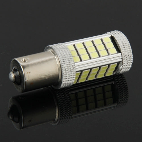 1156 LED bulb with exposed light chip strip and silver metal base, side view