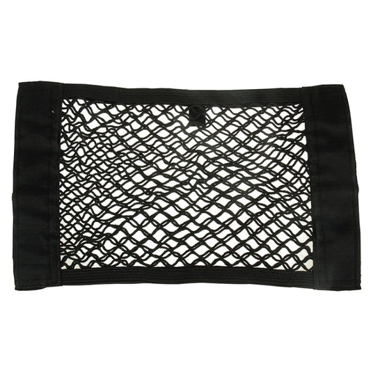 Black hanging storage mesh bag with wide net panel and stitched side panels.