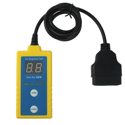 Yellow handheld airbag scan/reset diagnostic tool with black cable and connector