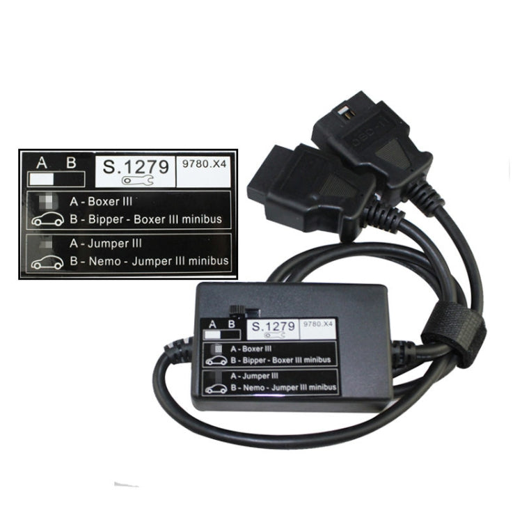 Diagnostic connector module showing front label and two OBD-style connector ends