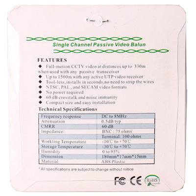 Passive video balun kit spec panel on back of blister packaging
