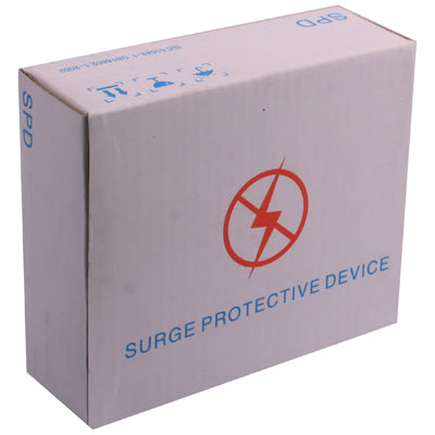 Surge protector shipping box with blue text and red no-transfer symbol