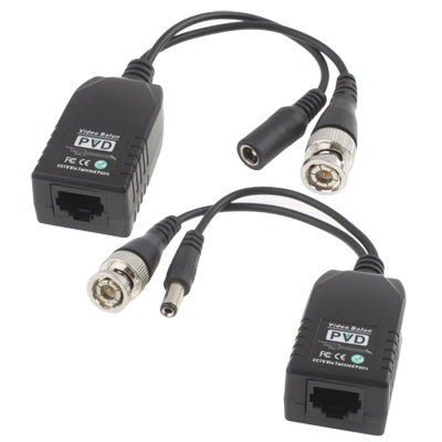 1-CH passive video balun connector kit with RJ45 and BNC ends, black cables