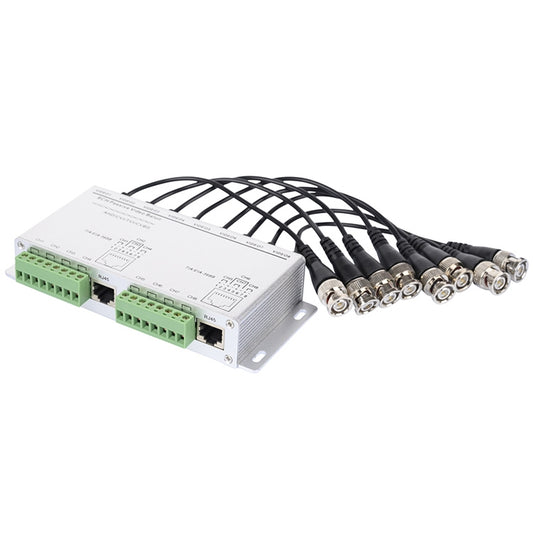 8-channel passive video balun with green terminal blocks and coax BNC connectors