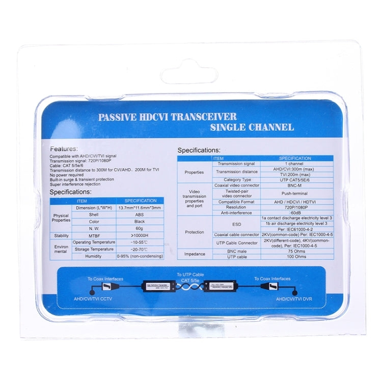 Back of package showing specifications and connection info for passive HDCVI transceiver set