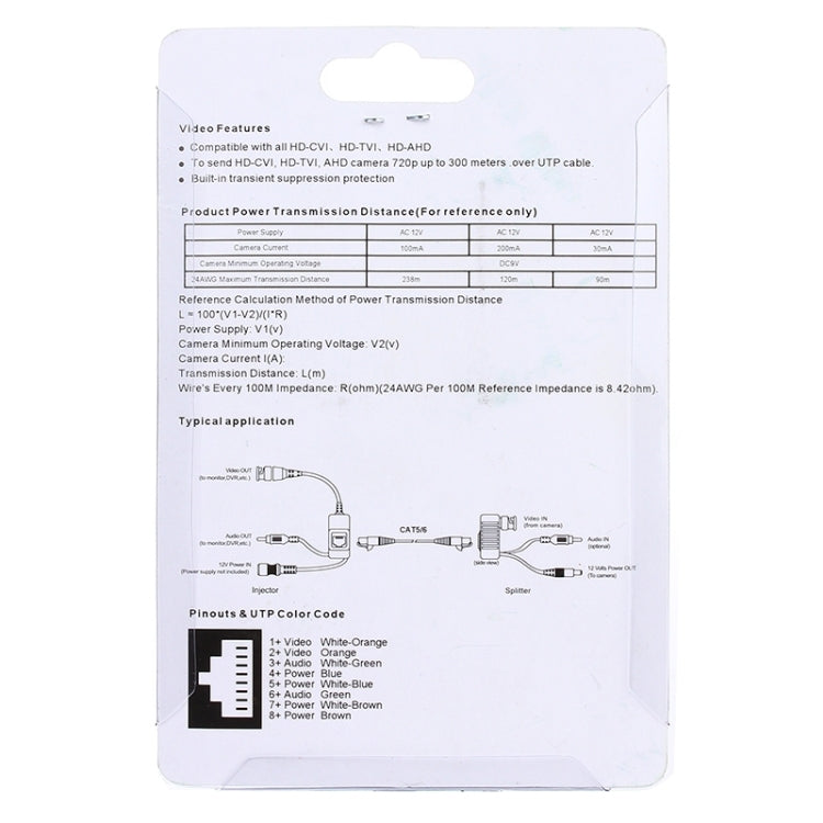 Balun packaging insert showing wiring diagram, pinout color codes, and technical specs