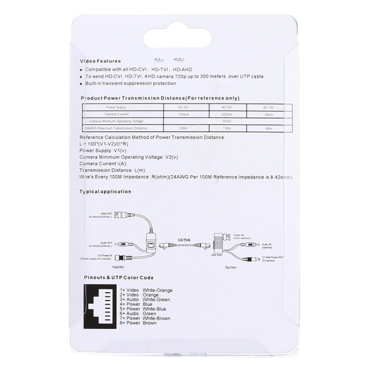 Balun transceiver package back with specs, pinout, and wiring diagram