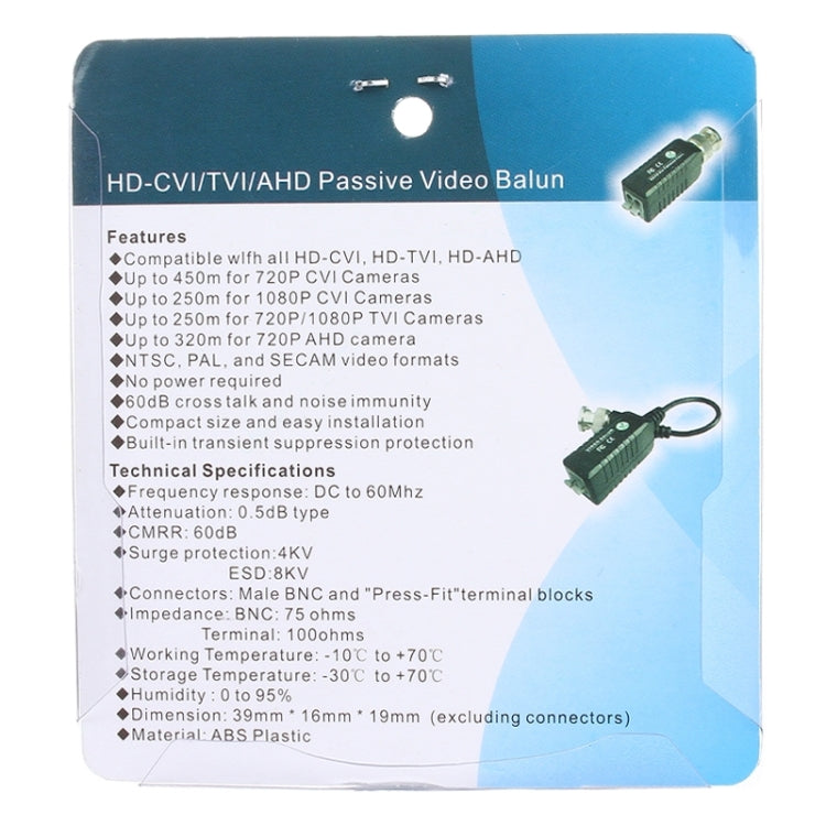 HD-CVI/TVI/AHD passive video balun features card with specifications and connectors