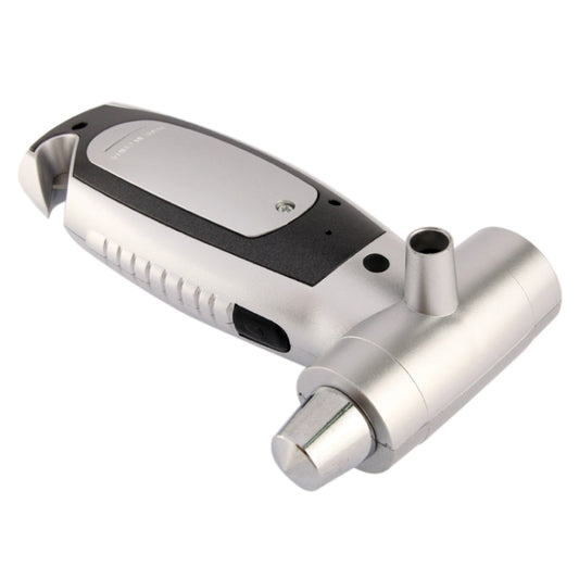 4-in-1 emergency tire gauge tool, silver body with side grip and nozzle tube