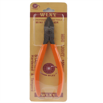Packaged mini diagonal cutting pliers, orange grips, WLXY branding on box
