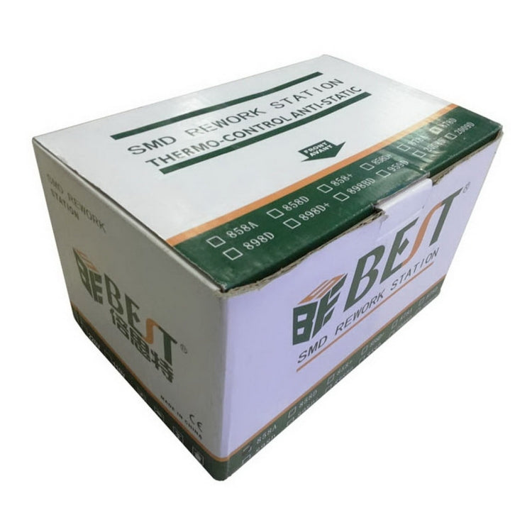 BST-858D hot air gun retail box with green and white branding