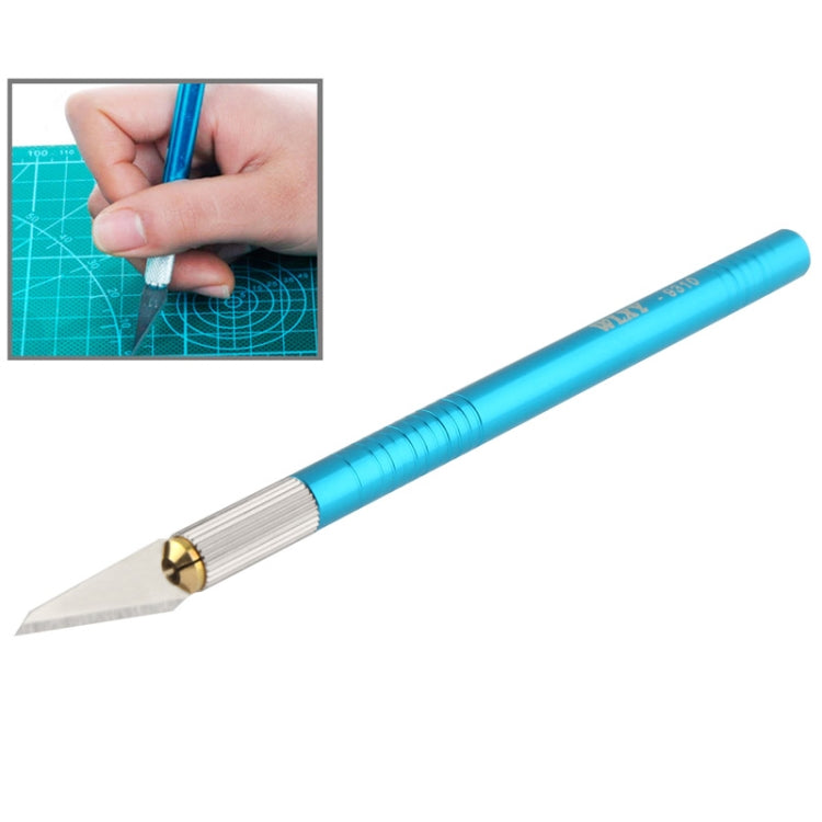WLXY precision craft knife with replaceable blade, blue ribbed handle and silver tip
