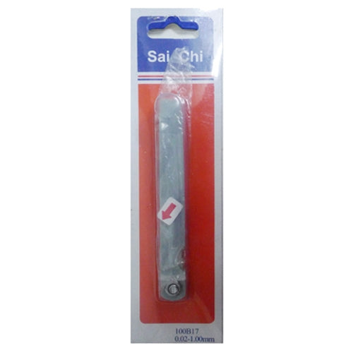 SaiChi packaged 17-blade feeler gauge tool with blue handle and steel leaf blades