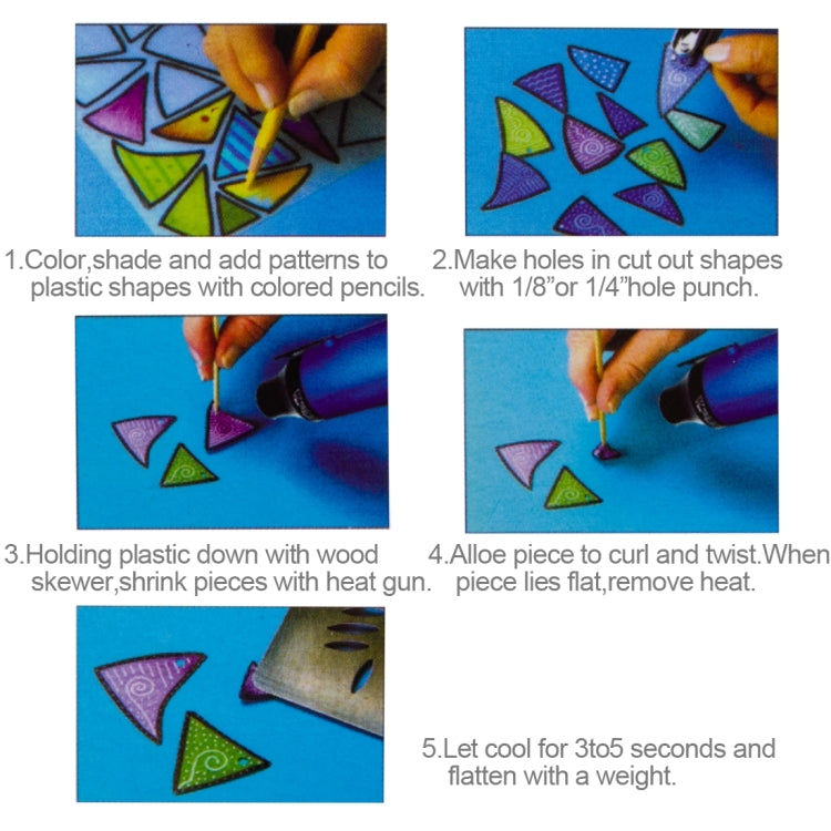 Instruction panel showing steps to shape plastic using a hot air gun