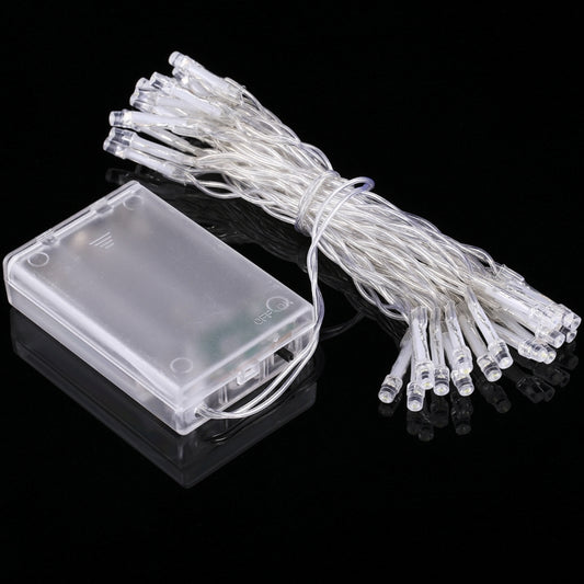 Battery-powered LED string lights kit with clear controller box and 20 plug-in bulbs