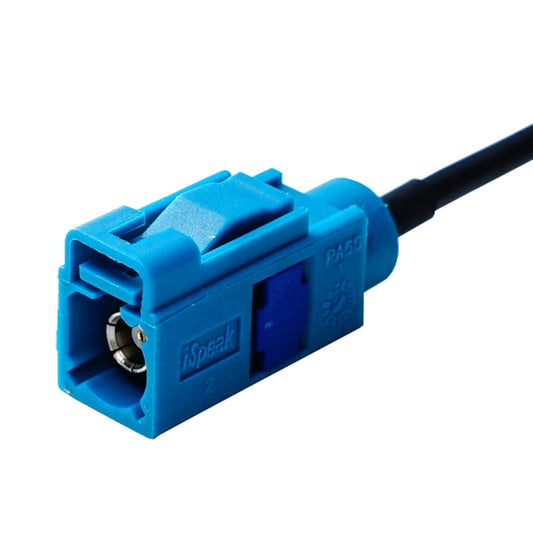 Fakra C female connector adapter on black cable, blue housing with metal socket