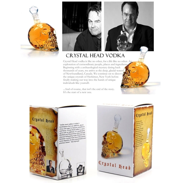 Crystal skull bottle and box packaging set with amber bottle shown