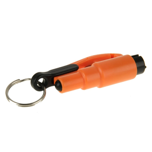 Orange rescue keychain tool with key ring, black center handle, and cylinder end