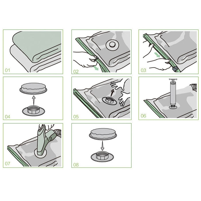 Vacuum compression bag valve diagram showing sealing and pumping steps