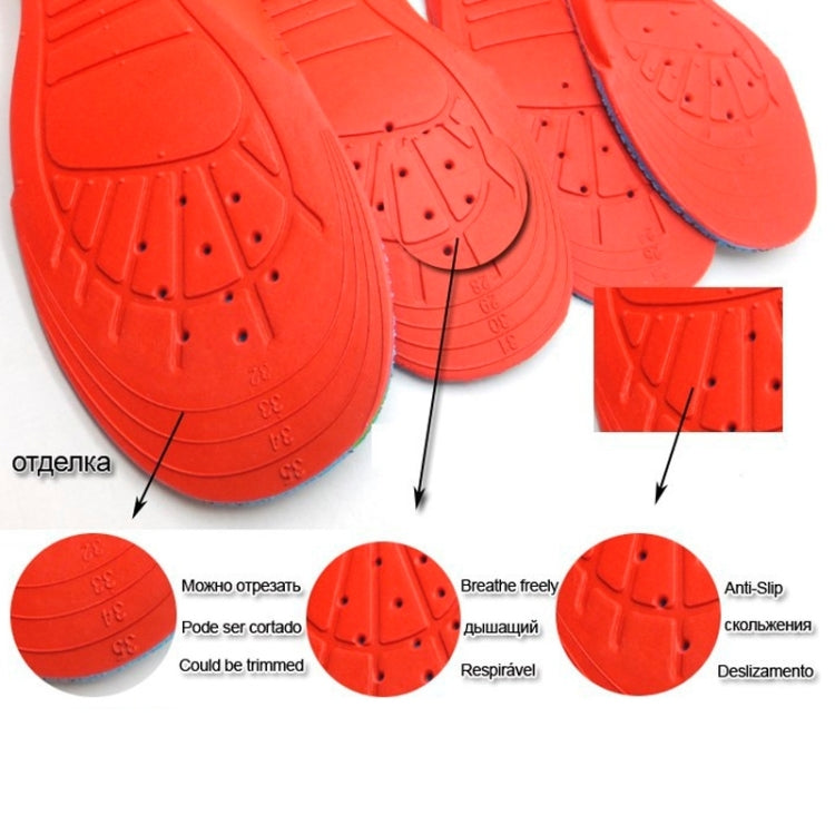 Red EVA insole underside with anti-slip texture, cut-to-fit, and ventilation holes