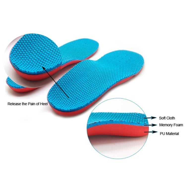 Blue children’s insoles with layered cross-section view of cushioning inside.