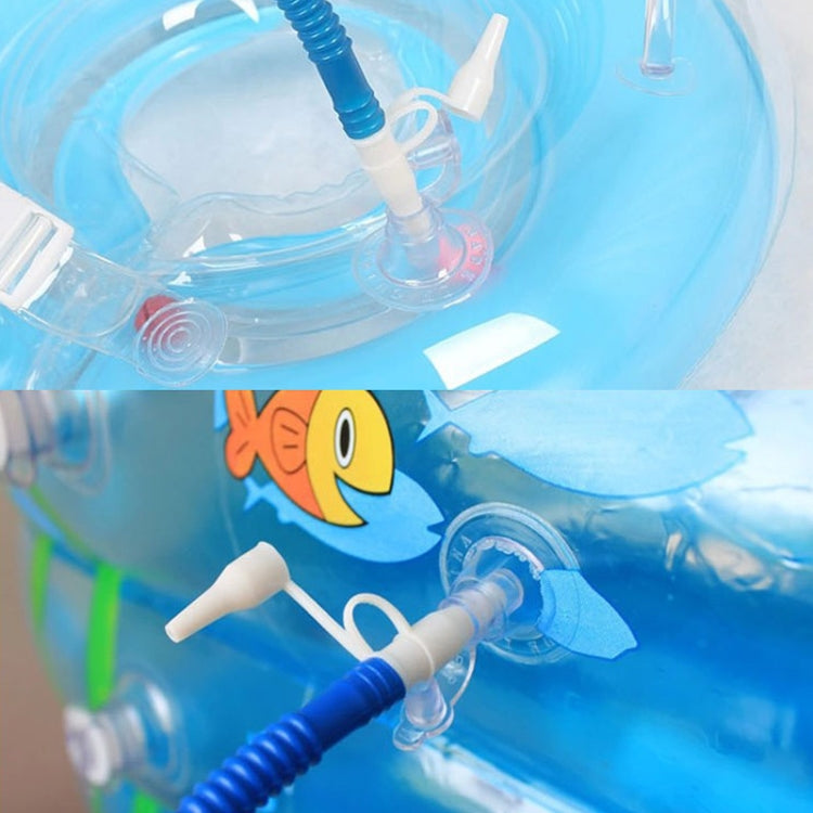 Foot air pump nozzle and blue hose connected to a valve opening