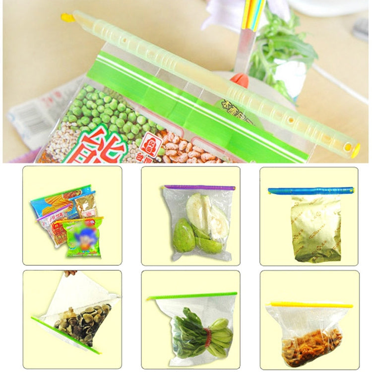 Colorful PP sealing sticks sealing filled snack bags; assorted bag sizes